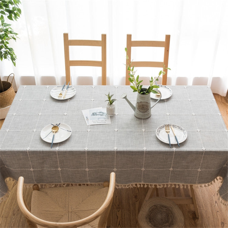 Square Lattice Embroidered Tablecloth Pure Color Cotton Linen Tassel Rectangular Coffee Table Mat, 60x60cm, 90x90cm, 90x140cm, 110x110cm, 100x160cm, 110x170cm, 140x140cm, 140x180cm, 140x200cm