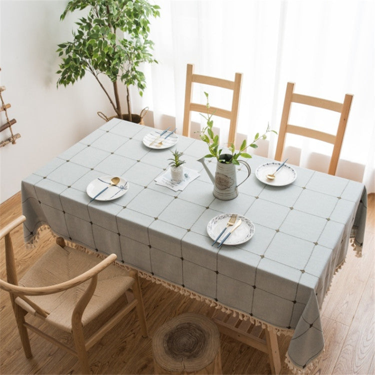 Square Lattice Embroidered Tablecloth Pure Color Cotton Linen Tassel Rectangular Coffee Table Mat, 60x60cm, 90x90cm, 90x140cm, 110x110cm, 100x160cm, 110x170cm, 140x140cm, 140x180cm, 140x200cm