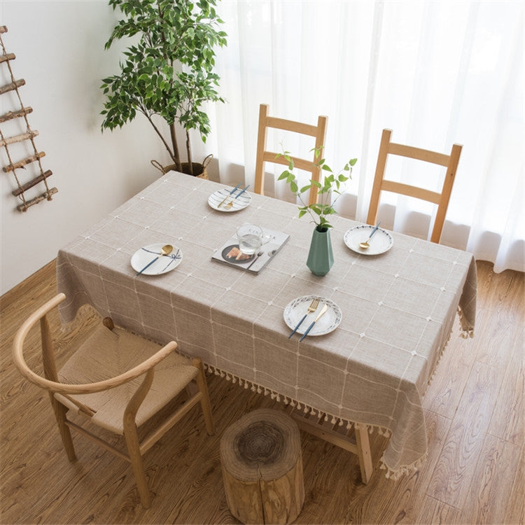 Square Lattice Embroidered Tablecloth Pure Color Cotton Linen Tassel Rectangular Coffee Table Mat, 140x220cm, 140x240cm, 140x260cm, 140x300cm
