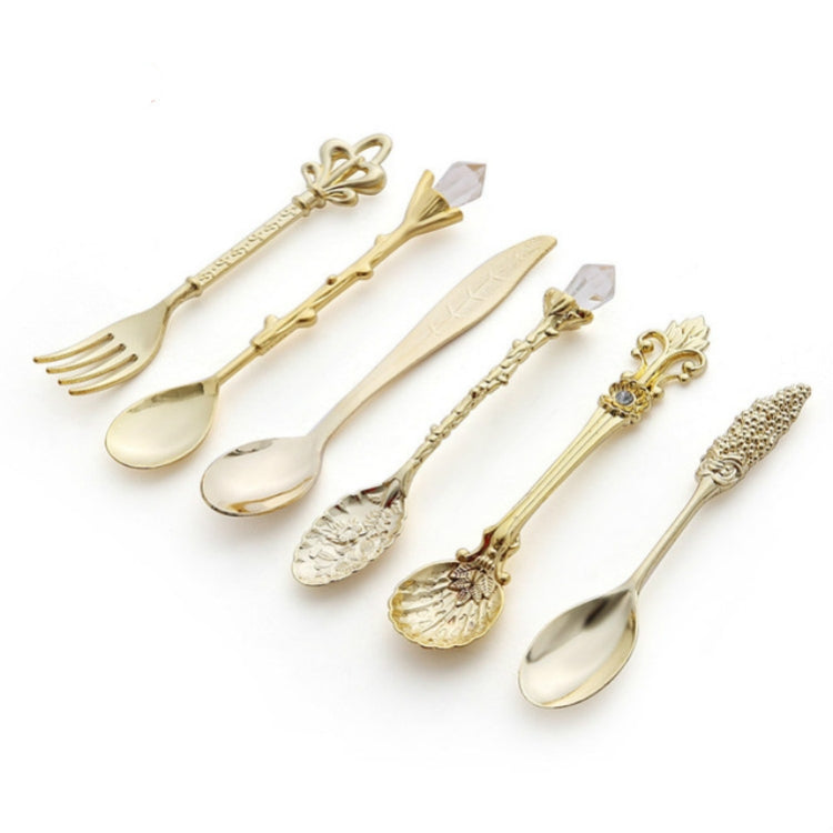 6pcs / Set Vintage Mini Coffee Spoons Suit Royal Style Metal Carved Coffee Fruit Cutler Dessert Flatware Kitchen Tools, Gold, Red Bronze, Antique Bronze(With Red Fork), Antique Bronze(With Antique Fork), Silver