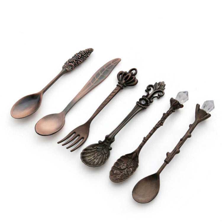6pcs / Set Vintage Mini Coffee Spoons Suit Royal Style Metal Carved Coffee Fruit Cutler Dessert Flatware Kitchen Tools, Gold, Red Bronze, Antique Bronze(With Red Fork), Antique Bronze(With Antique Fork), Silver