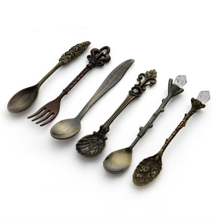 6pcs / Set Vintage Mini Coffee Spoons Suit Royal Style Metal Carved Coffee Fruit Cutler Dessert Flatware Kitchen Tools, Gold, Red Bronze, Antique Bronze(With Red Fork), Antique Bronze(With Antique Fork), Silver