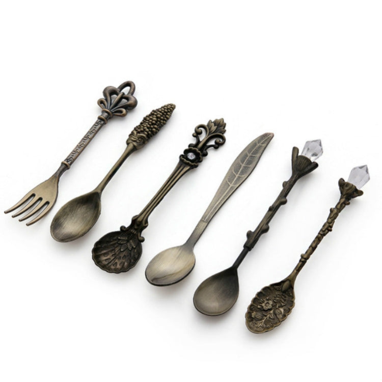 6pcs / Set Vintage Mini Coffee Spoons Suit Royal Style Metal Carved Coffee Fruit Cutler Dessert Flatware Kitchen Tools, Gold, Red Bronze, Antique Bronze(With Red Fork), Antique Bronze(With Antique Fork), Silver