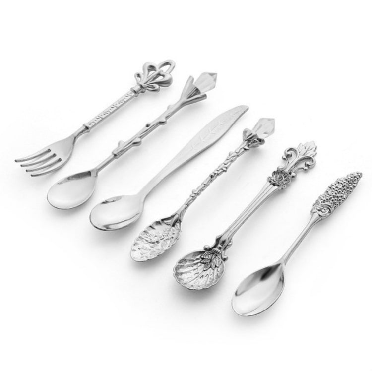 6pcs / Set Vintage Mini Coffee Spoons Suit Royal Style Metal Carved Coffee Fruit Cutler Dessert Flatware Kitchen Tools, Gold, Red Bronze, Antique Bronze(With Red Fork), Antique Bronze(With Antique Fork), Silver