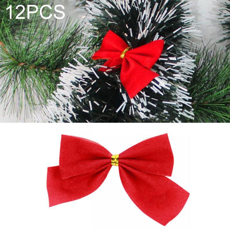 12 PCS Flocked Bow Christmas Tree Decoration, gold, red, silver