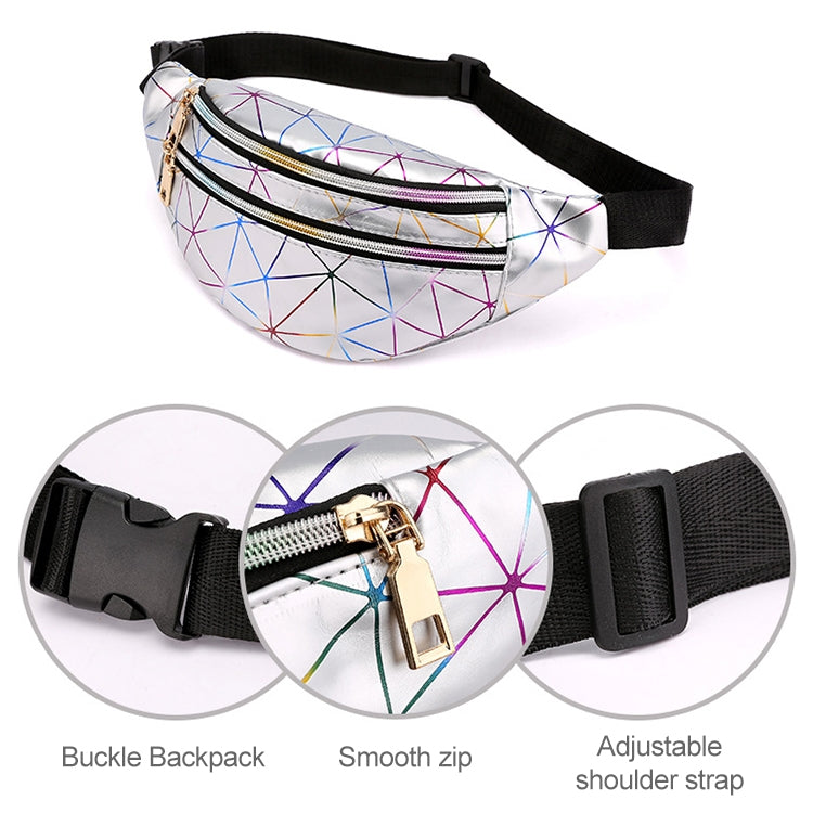 Laser Pattern PU Leather Waist Bags Women Fanny Pack Single Shoulder Bag, Double Zipper Rhombus (Black ), Double Zipper Rhombus (Pink), Double Zipper Rhombus (Sliver)