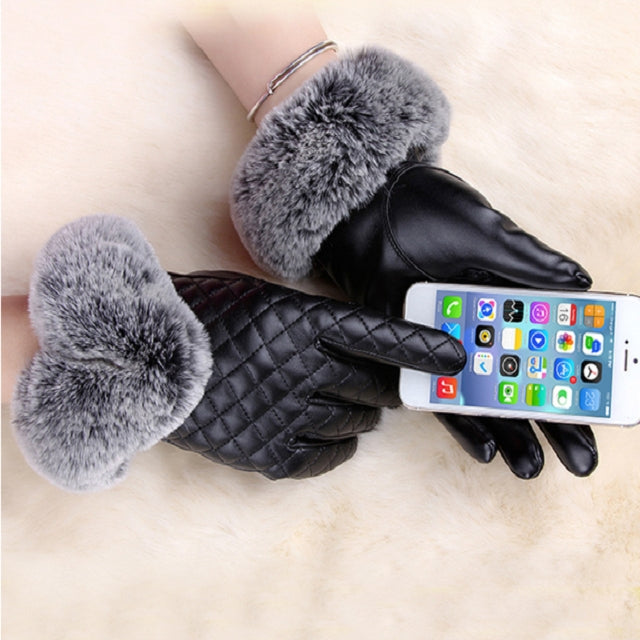 Women PU Leather Gloves Imitated Rabbit Fur Thick Warm Winter and Autumn Female Gloves