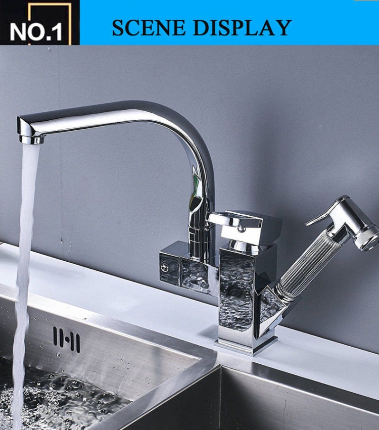 Kitchen Faucet Mixer Tap Single Handle Two Swivel Spouts Hot Cold Water Tap Pull Out Flushing Spray Tap, Low