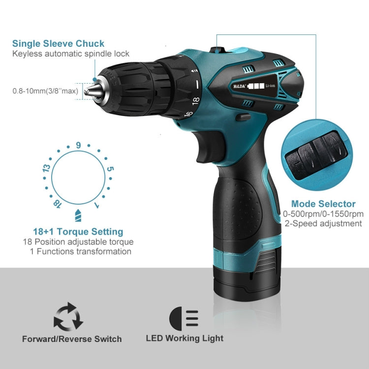 HILDA Electric Drill Cordless Screwdriver Lithium Battery Mini Drill Cordless Screwdriver Power Tools, EU Plug, 16.8V with Carton Box, 12V with Carton Box, 12V with Plastic Box, 16.8V with Plastic Box
