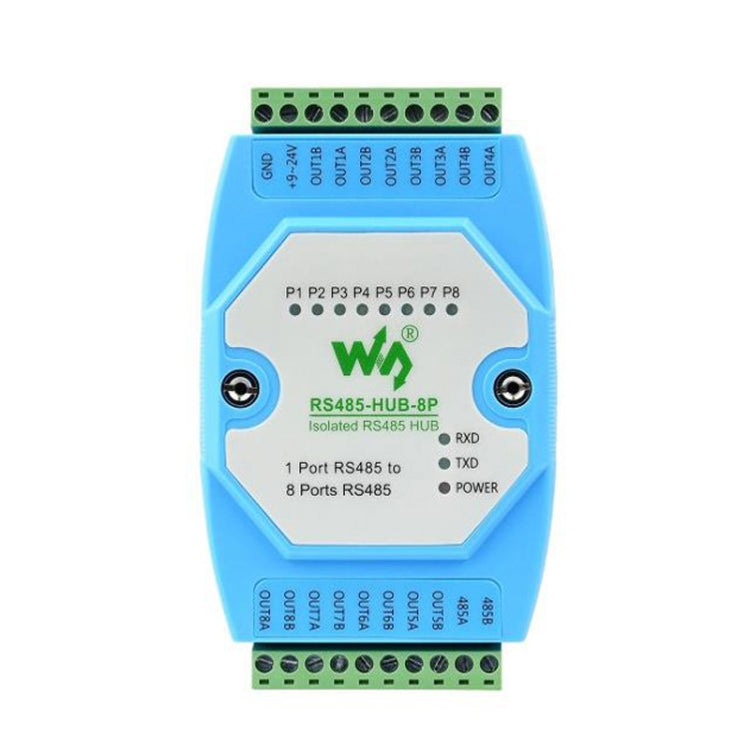 موزع RS485 من Waveshare RS485-HUB-8P، معزول للاستخدام الصناعي، 8 قنوات، يدعم التركيب على السكة، نطاق واسع لمعدل البود