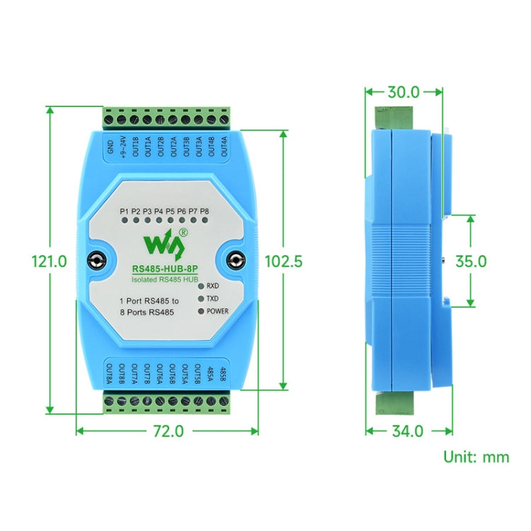 موزع RS485 من Waveshare RS485-HUB-8P، معزول للاستخدام الصناعي، 8 قنوات، يدعم التركيب على السكة، نطاق واسع لمعدل البود