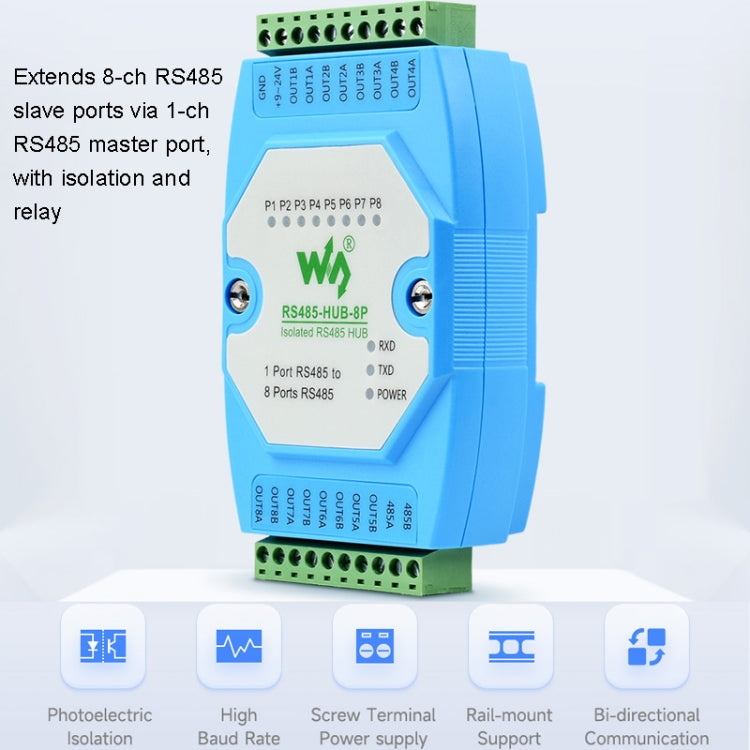 موزع RS485 من Waveshare RS485-HUB-8P، معزول للاستخدام الصناعي، 8 قنوات، يدعم التركيب على السكة، نطاق واسع لمعدل البود