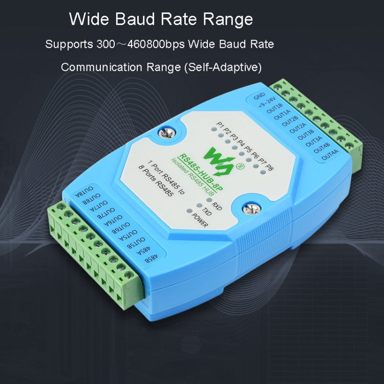 موزع RS485 من Waveshare RS485-HUB-8P، معزول للاستخدام الصناعي، 8 قنوات، يدعم التركيب على السكة، نطاق واسع لمعدل البود