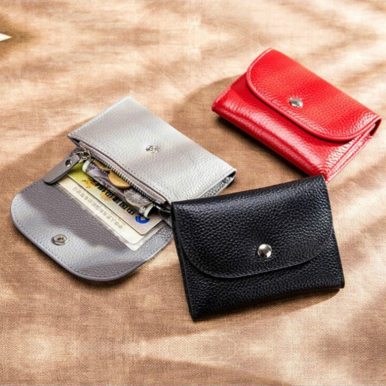 Short Mini Slim Top-grain Leather Wallet Card Bag Zip Coin Pocket, Black, Blue, Pink, Big Red, Gray