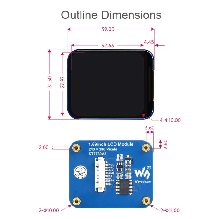 وحدة عرض Waveshare IPS LCD بدقة 240×280 ومقاس 1.69 بوصة مع واجهة SPI، مقاس 1.69 بوصة