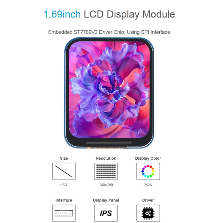 وحدة عرض Waveshare IPS LCD بدقة 240×280 ومقاس 1.69 بوصة مع واجهة SPI، مقاس 1.69 بوصة