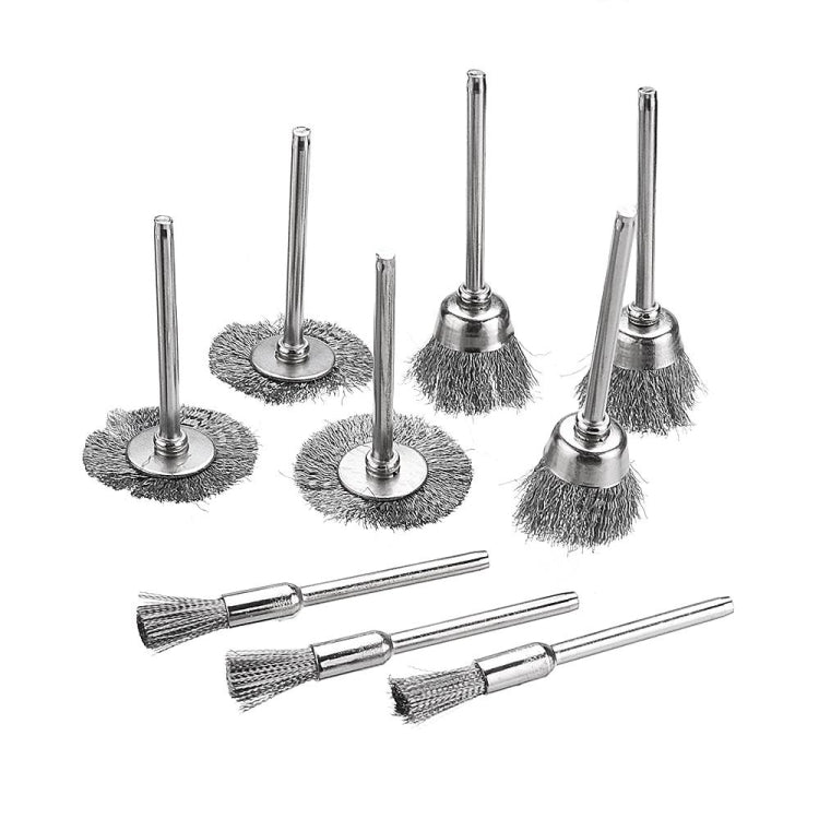 10 PCS Wire Brush Metal Descaling Polishing Brush To Remove Oxide Layer Flat Polishing Brush, Pen Shape 3×5MM, Pen Shape 3×8MM, Bowl Shape3×15MM, Bowl Shape3×25MM, Flat 3×25MM