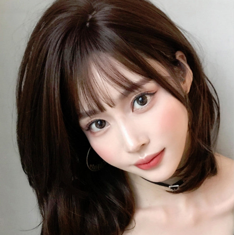 Female Short Hair With Bangs Wig Suitable For Round Face Shoulder Buckle Hair, Chocolate Color 40CM, Honey Pudding Black Top 40CM, Cold Brown 40CM, Black Brown 40CM