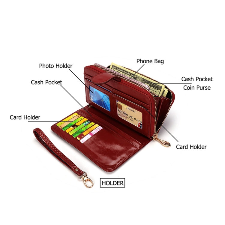Multifunction Zipper Women Leather Wallet Long Trifold Coin Purse Card Holder Clutch, Black, Brown, Red Wine, Deep Blue, Pink, Orange