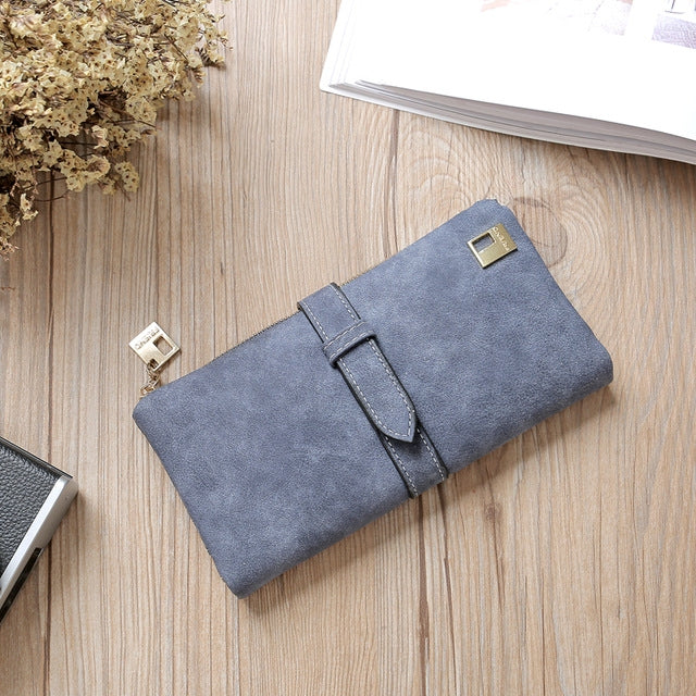 Solid Drawstring Nubuck Leather Zipper Long Women Wallet Phone Bag Purse Card Holder