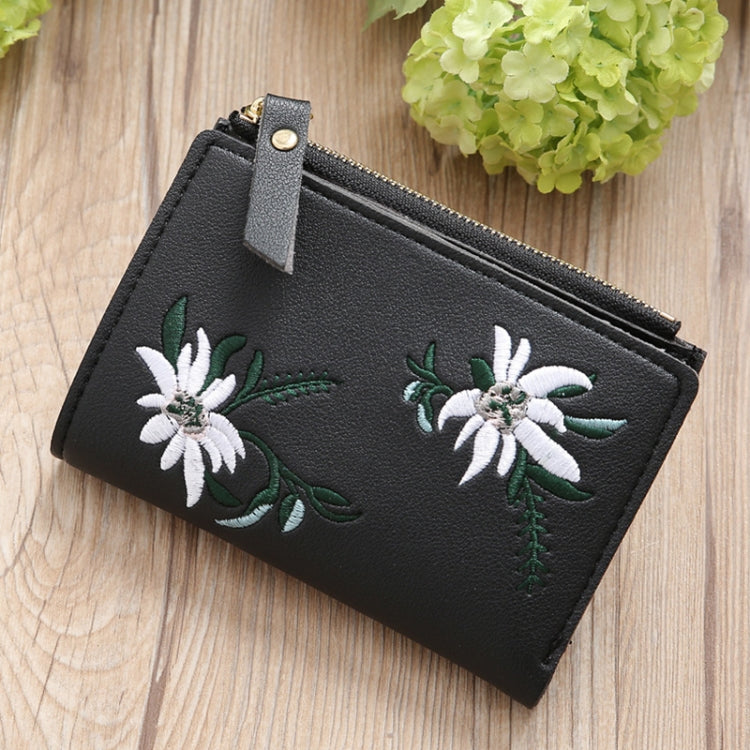 Embroidery Short Wallet PU Leather Wallets Female Floral Hasp Coin Purse Zipper Bag Card Holders