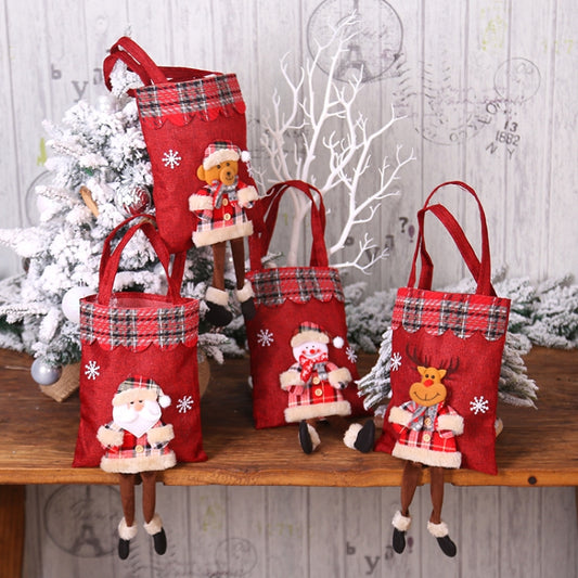 Christmas Burlap Gift Bag Candy Bag Plaid Tote Bag, Elderly, Snowman, Elk, Bear