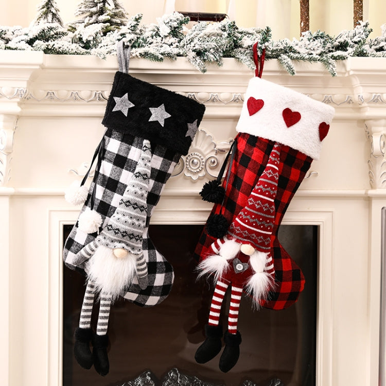 Hanging Feet Faceless Doll Christmas Socks Christmas Decoration Gift Bag, Red And Black Grid, Black And White Grid