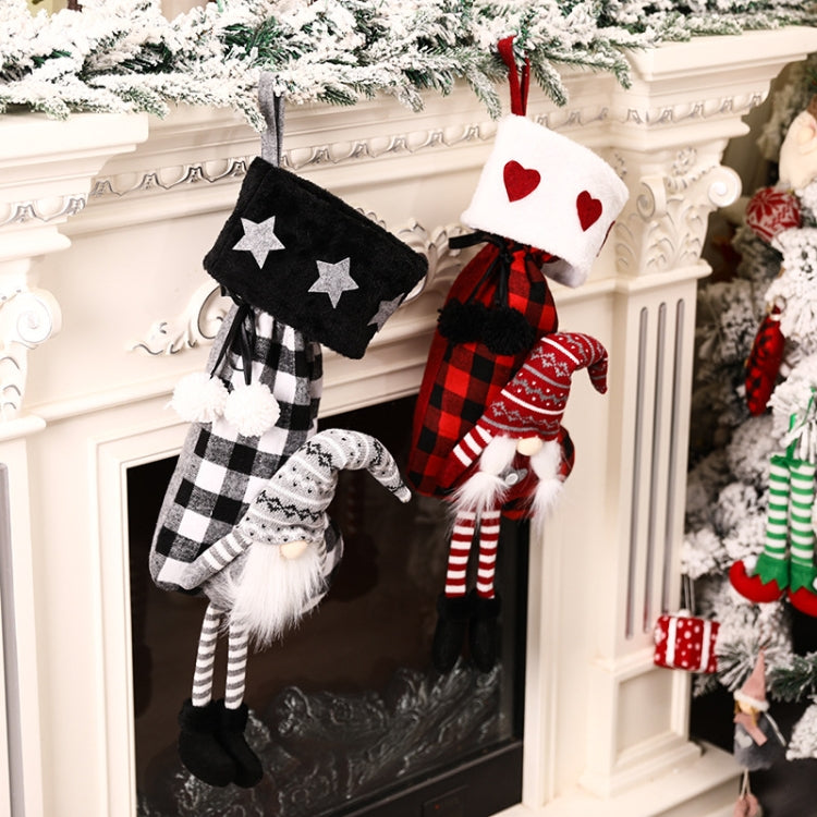 Hanging Feet Faceless Doll Christmas Socks Christmas Decoration Gift Bag, Red And Black Grid, Black And White Grid