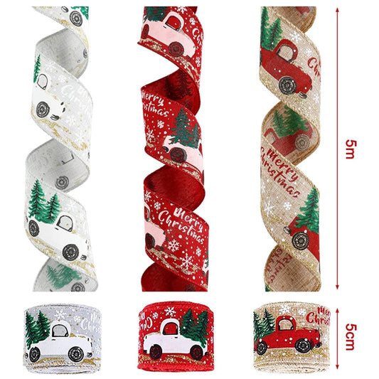 Christmas Decorations Car Printing Ribbon Christmas Tree Decoration Ribbon Colorful Bar, Red, Hemp Color, Grey