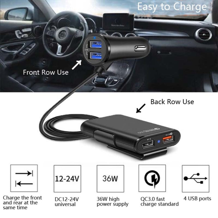 شاحن سيارة One For Four 8A QC3.0 سريع الشحن 4 منافذ USB شاحن سيارة للمقعد الأمامي والخلفي، قطعة واحدة + أسود