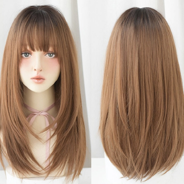 Ladies Long Straight Hair Air Bangs Wig Hair Set, Honey Tea, Cool Brown, Black Brown