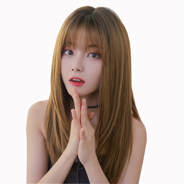 Ladies Long Straight Hair Air Bangs Wig Hair Set, Honey Tea, Cool Brown, Black Brown