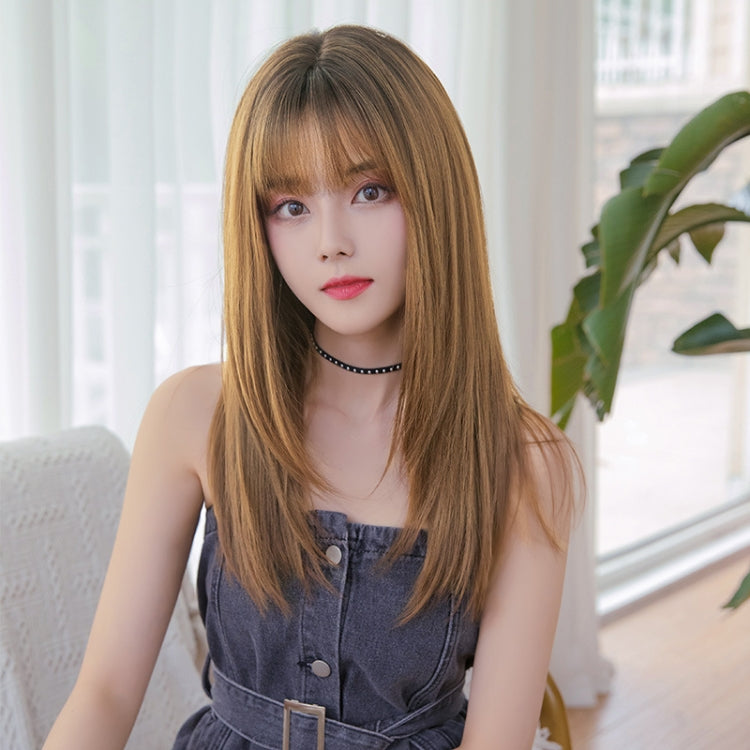 Ladies Long Straight Hair Air Bangs Wig Hair Set, Honey Tea, Cool Brown, Black Brown