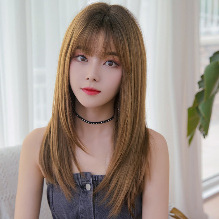 Ladies Long Straight Hair Air Bangs Wig Hair Set, Honey Tea, Cool Brown, Black Brown