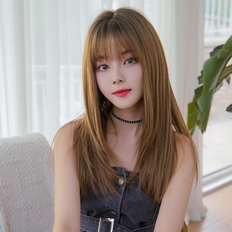 Ladies Long Straight Hair Air Bangs Wig Hair Set, Honey Tea, Cool Brown, Black Brown