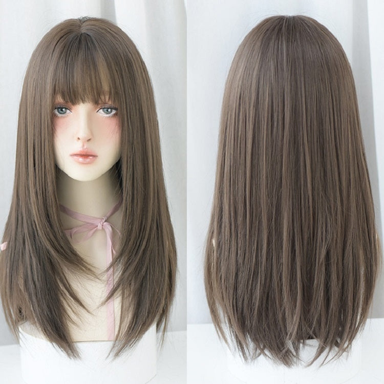 Ladies Long Straight Hair Air Bangs Wig Hair Set, Honey Tea, Cool Brown, Black Brown
