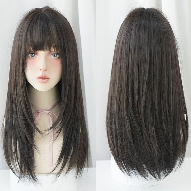 Ladies Long Straight Hair Air Bangs Wig Hair Set, Honey Tea, Cool Brown, Black Brown