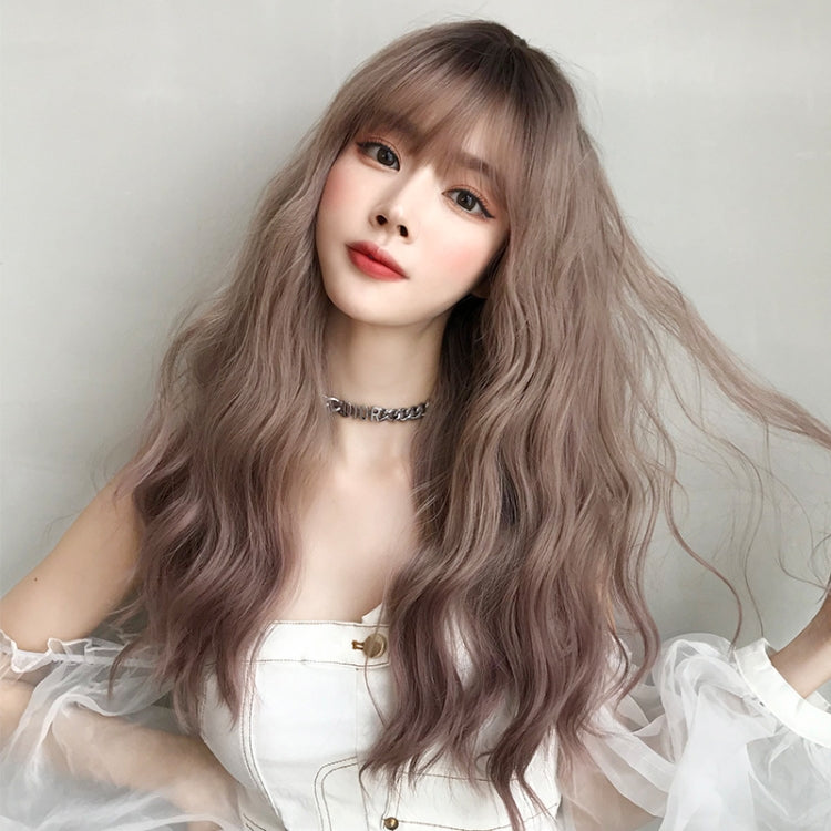Ladies Long Hair Slightly Curly Wig Natural Fluffy Hair Cover, Gradient Soot Pink, Cool Brown, Dark Brown