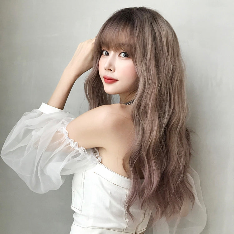 Ladies Long Hair Slightly Curly Wig Natural Fluffy Hair Cover, Gradient Soot Pink, Cool Brown, Dark Brown