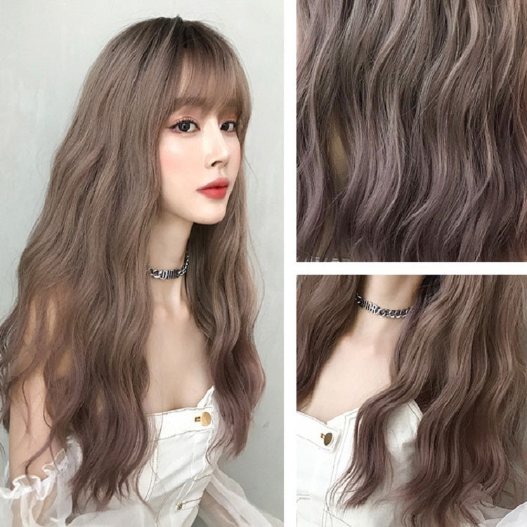 Ladies Long Hair Slightly Curly Wig Natural Fluffy Hair Cover, Gradient Soot Pink, Cool Brown, Dark Brown