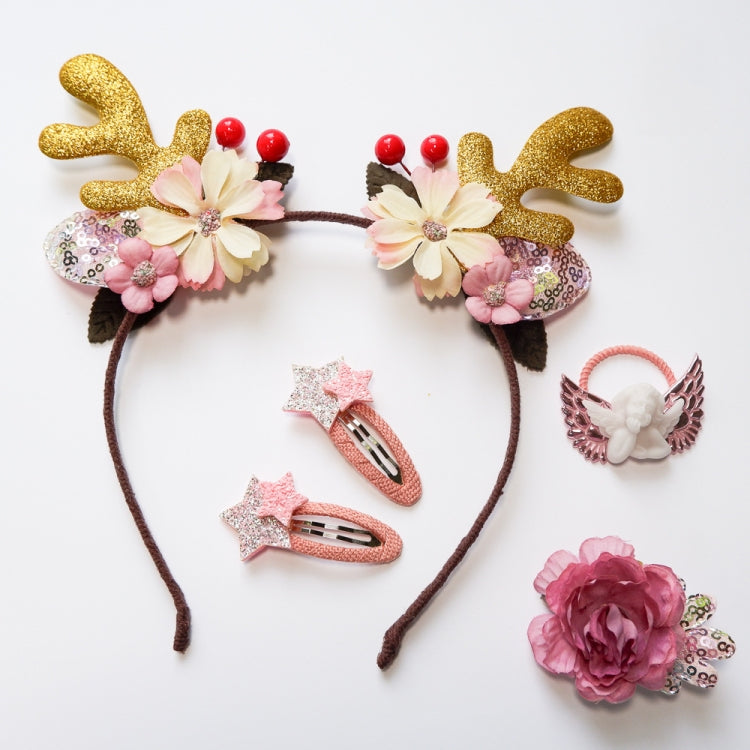 Christmas Hair Accessories Antlers Headband And Little Angel Hairpin Hair Band Combination Set, Pink, Grey