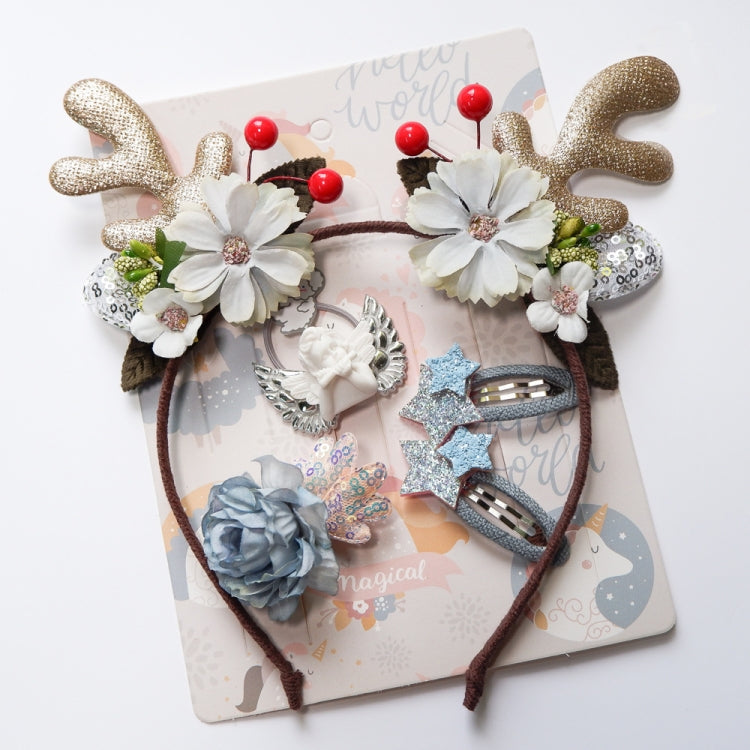 Christmas Hair Accessories Antlers Headband And Little Angel Hairpin Hair Band Combination Set, Pink, Grey