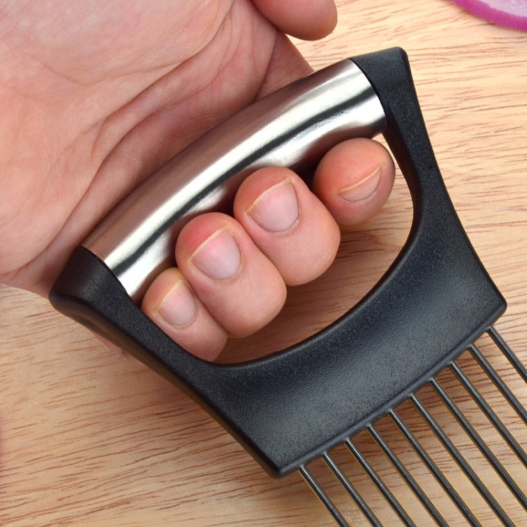 Stainless Steel Onion Fork Holder Pin Kitchen Vegetable Slicing Aid, Black Silver