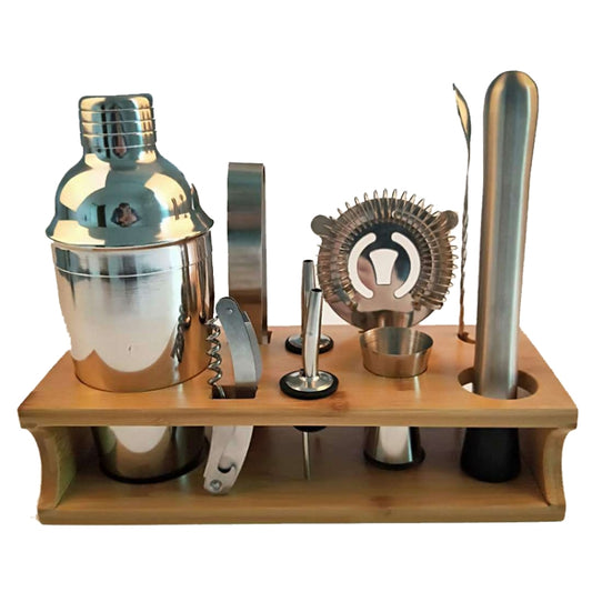 مجموعة رجّاجات من الفولاذ المقاوم للصدأ 10 في 1 مع حامل من الخيزران، أداة بار كوكتيل ذات فم مائل، سعة 350 مل، 550 مل، 750 مل