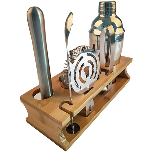 مجموعة رجّاجات من الفولاذ المقاوم للصدأ 10 في 1 مع حامل من الخيزران، أداة بار كوكتيل ذات فم مائل، سعة 350 مل، 550 مل، 750 مل