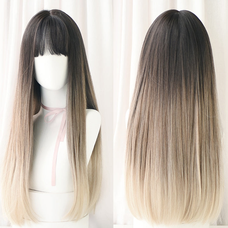 Gradient Color Long Straight Hair Wig Female Chemical Fiber Headgear Simulation Hair, Malachite Green Gradient 65CM, Milk Tea Gradient 65CM, Haze Purple Gradient 65CM