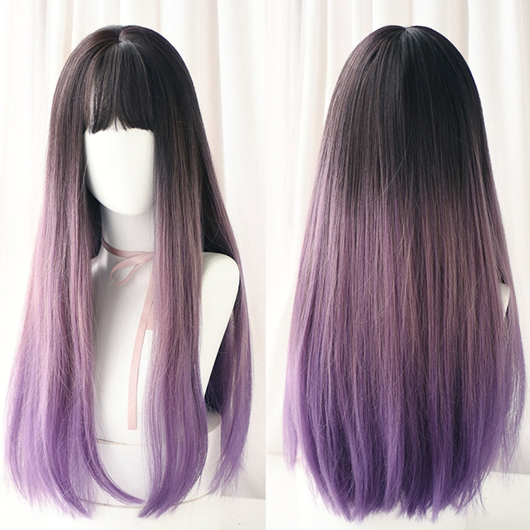 Gradient Color Long Straight Hair Wig Female Chemical Fiber Headgear Simulation Hair, Malachite Green Gradient 65CM, Milk Tea Gradient 65CM, Haze Purple Gradient 65CM