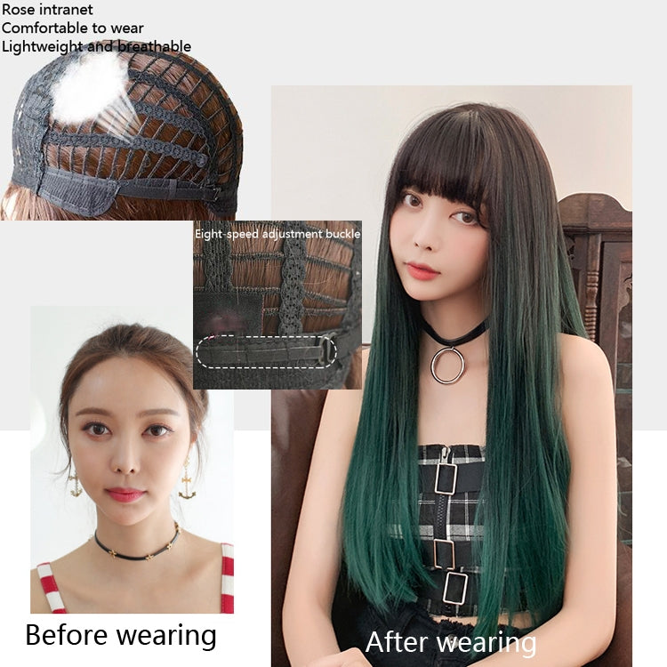 Gradient Color Long Straight Hair Wig Female Chemical Fiber Headgear Simulation Hair, Malachite Green Gradient 65CM, Milk Tea Gradient 65CM, Haze Purple Gradient 65CM