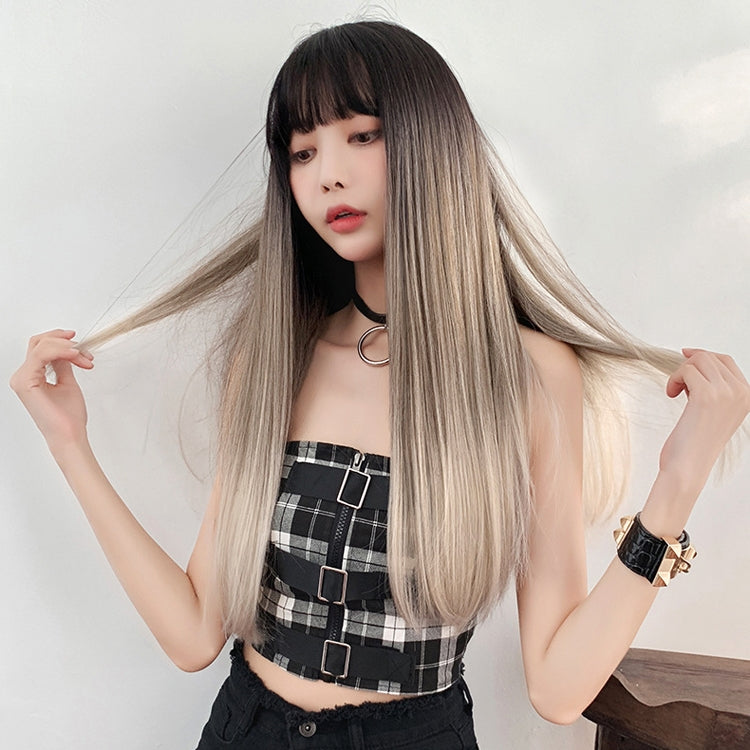 Gradient Color Long Straight Hair Wig Female Chemical Fiber Headgear Simulation Hair, Malachite Green Gradient 65CM, Milk Tea Gradient 65CM, Haze Purple Gradient 65CM