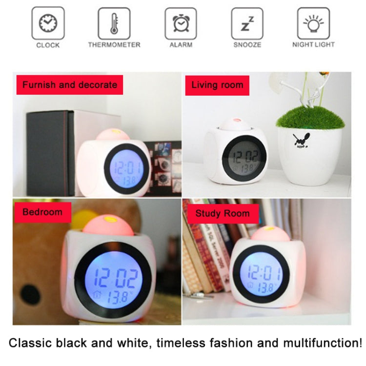 ساعة منبه متعددة الوظائف مع صوت وساعة عرض LED، لون أبيض بدون كابل USB، لون أسود + كابل USB
